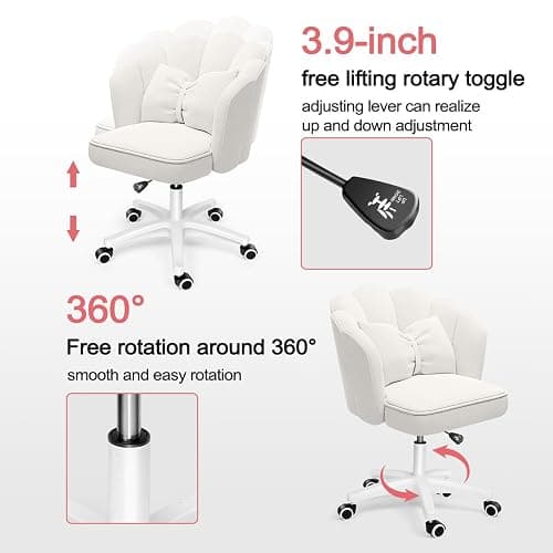 XUEGW Petal Desk Chair with Bow Cushion Velvet Vanity Chair with Wheels, Upholstered Home Office Chair for Girls Women, Mid-Back Swivel Computer Task Chairs for Living Room Bedroom thumbnail 3