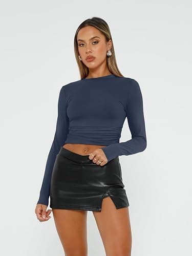 AUTOMET 3 Pack Womens Long Sleeve Basic Shirts Underscrub Compression Tops | Y2K Street Look, High Stretch, Buttery-Soft, Gym to Club Staple, Pairs with Cargo or Jeans, Daily Chic Staple thumbnail 2