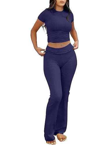ANRABESS Lounge Sets for Women 2 Piece Foldover Yoga Flare Leggings Pants Crop Tops Casual Y2K Outfits Matching Tracksuit Set - Image 1