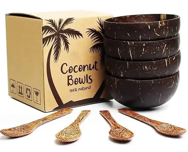 Natural Coconut Serving Bowls Set with Wooden Spoons, 13-15 cm, 4 Bowls and 4 Spoons, Perfect for Smoothies and Buddha Bowls. Hand-Crafted, Vegan-Friendly, Eco-Friendly - Image 1