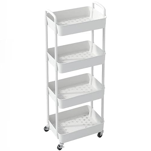 Sywhitta 4-Tier Plastic Rolling Utility Cart with Handle, Multi-Functional Storage Trolley for Office, Living Room, Kitchen, Movable Storage Organizer with Wheels, White thumbnail 8