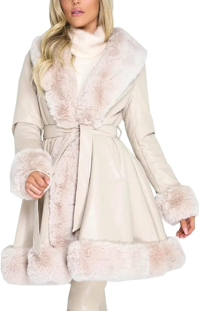 Aurgelmir Women's Faux Leather Jacket Coat Short/Long Parka Coat with Fur Collar Outwear - Beige-long X-Large thumbnail 2