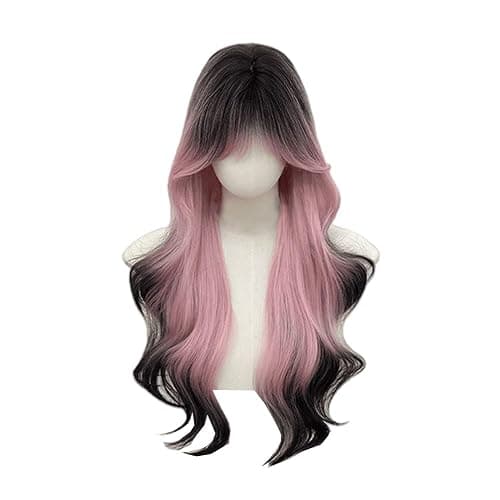 huafan luxkazya Pink Black Brown Gradient Long Wavy Wig for Women Lolita Ombre Pink Curly Wig Natural Looking Synthetic Wigs Hair Replacement Wigs for Daily Party Use - Image 1