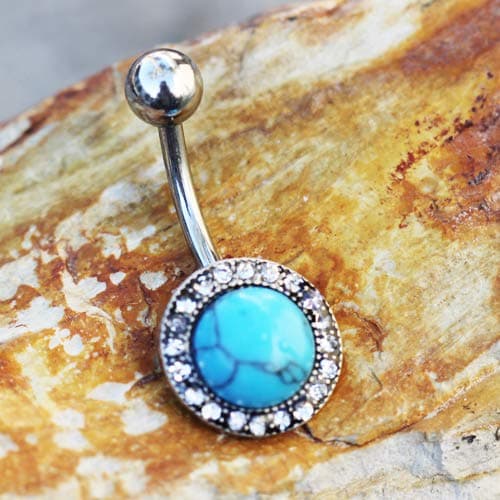 Pierced Owl 14GA 316L Stainless Steel Antique Jeweled Turquoise Belly Button Ring thumbnail 2