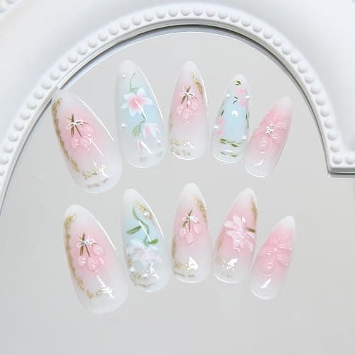 Mkwntg 24Pcs Gradient Press on Nails Medium Almond Fake Nails 3D Light Flower Blush Pearl Shimmer False Nails Pink Blue White Glue on Nails Reusable Acrylic Spring Floral Stick on Nail for Women thumbnail 4