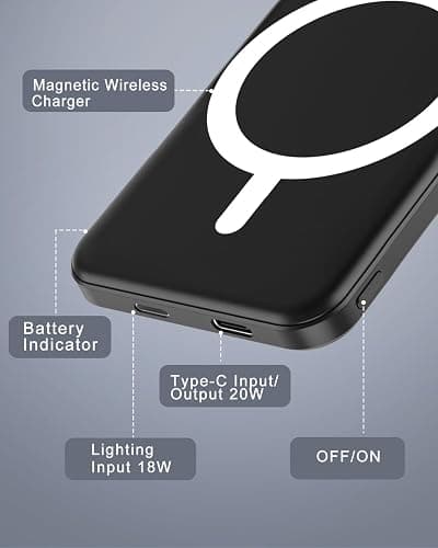 podoru for Magsafe Battery Pack, 5000mAh Magnetic Power Bank with Type-C Cable 20W PD Fast Charging Lighting Input Wireless Portable Charger for iPhone 17/16/15/14/13/12/ All Series-Black thumbnail 5