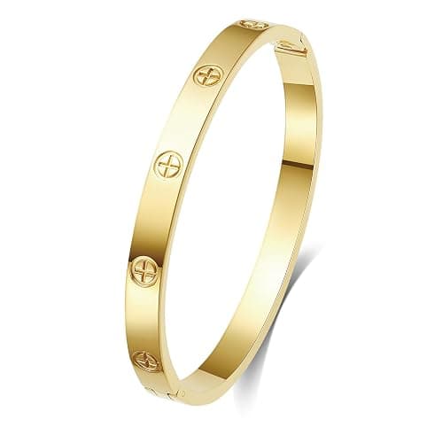 Kenizum 18K Gold-Plated Love Bangle Bracelets for Women, Silver Cross Bangle Bracelets, Waterproof Stainless Steel Friendship Jewelry, Valentines Christmas Birthday Gifts for Her - Image 1