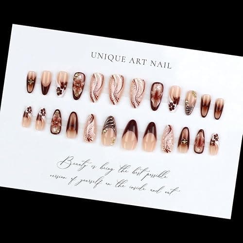 French Tips Press on Nails Medium Almond Nails Press on with 5D Flower Charm Design Glossy Brown Glue on Nails Water Ripple Rhinestones Fake Nail Reusable Fall Winter Nail for Women Manicure 24Pcs thumbnail 5