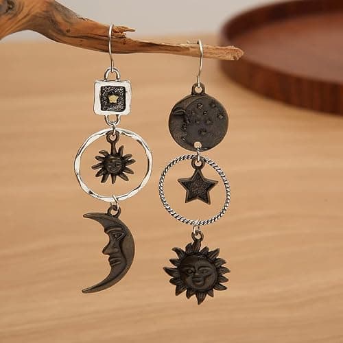 Vintage Sun Moon Star Dangle Earrings for Women, Greek Mythology Asymmetric Drop Earrings (Gold) thumbnail 8