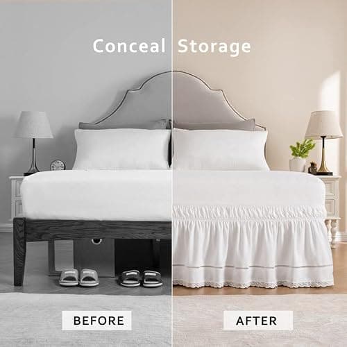 MIYE Wrap Around Ruffled Lace Bed Skirt, Elastic Dust Ruffle with Adjustable Belts, Easy to Put On, Bed Frame Cover, Machine Washable (Floral Lace/White, Full/Twin-18 Drop) thumbnail 3