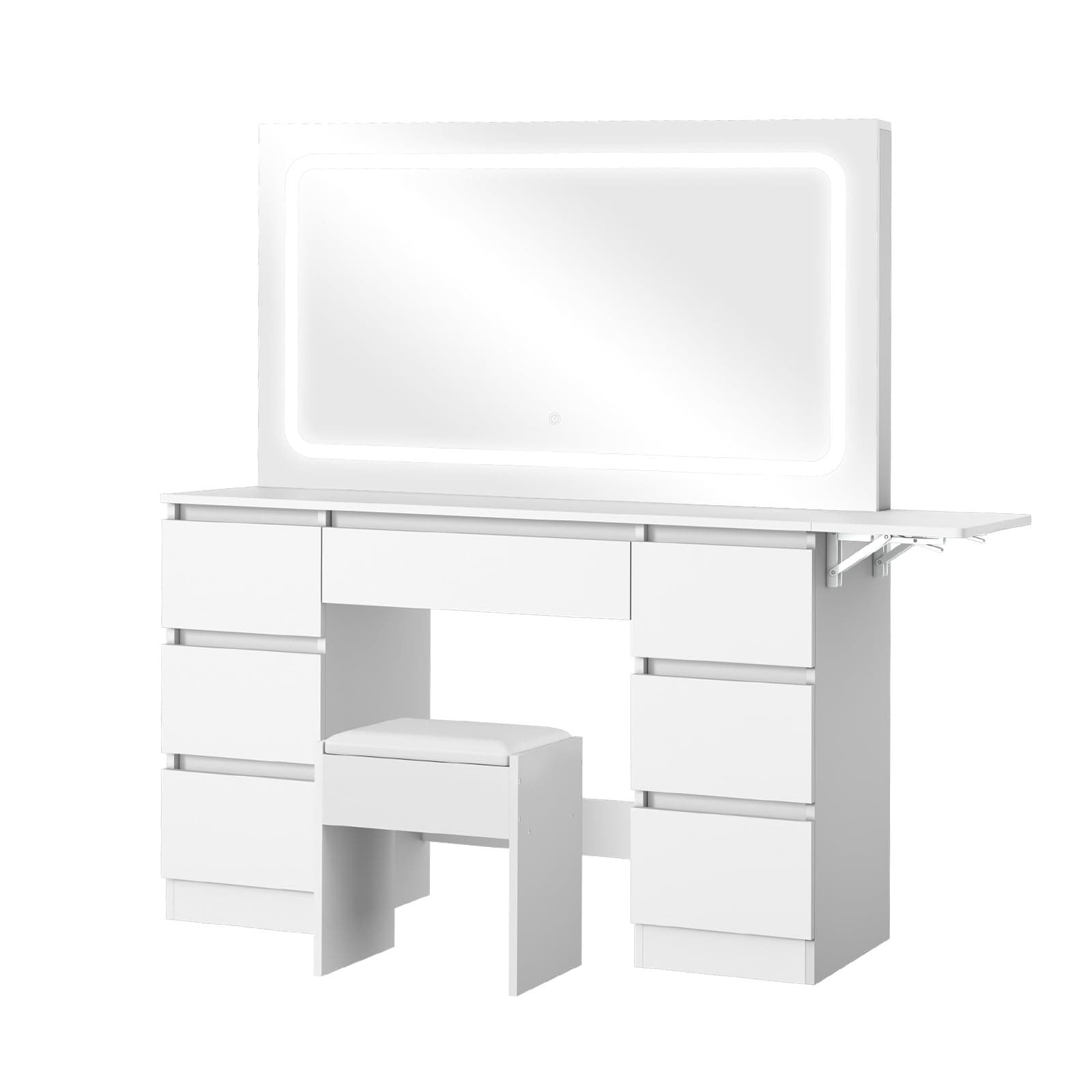 OIKITURE Dressing Table Stool Set with 7 Drawers, Vanity Desk with Foldable Countertop Extension, 3 Colour LED Light, Touch Control, Makeup Mirror Desk for Girls Women Bedroom, White - Image 1