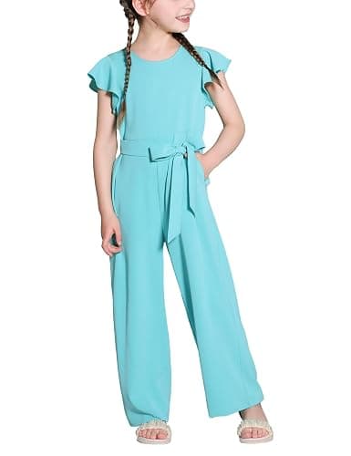 Hvididan Girls Jumpsuit Wide Leg Loose Ruffle Sleeve Crew Neck Rompers with Pockets Casual Fashion 5-14Y - Image 1