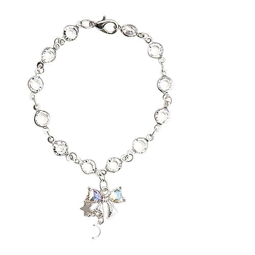 Steering Wheel Bow Charm Crystal Heart Hanging Chain Car Interior Decor | Bow Hanging Ornament Silver Star Moon Bowknot Charm for Rear View Mirror Car Steering Wheel Hanging Accessories for Women - Image 1
