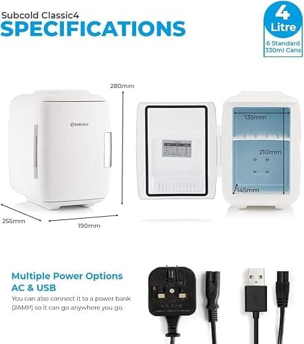 Subcold Classic4 Mini Fridge - Cooler & Warmer | 4 Litre/6 Cans | AC+USB | Portable Small Fridge for Skincare, Bedroom, Dorm, Car, Travel (White New) thumbnail 2