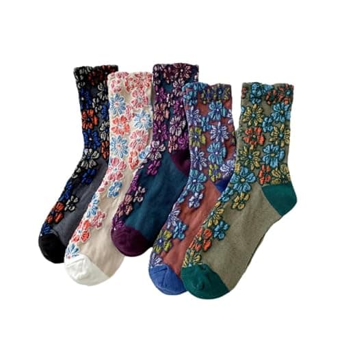FORJMMP Vintage Embroidered Floral Socks for Women, Combed Cotton Crew Socks - Image 1