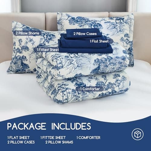 DJY Navy Blue Comforter Set Queen Size,7 Pieces Bed in a Bag Botanical Comforters with Sheets Elegant Plants Print Soft Microfiber Reversible Complete Bedding Sets for All Season thumbnail 7