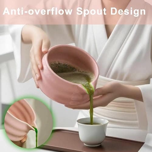 Cute Pink Matcha Whisk Set of 5 for Matcha Tea,Matcha Powder Kit（Bowl with Spout+bamboo Whisk and Holder+Strainer+Scoop）for Macha Starter Making Tools with Small Sifter Sieve Mixer Wisk Chasen Chawan thumbnail 4