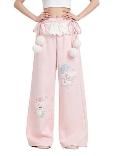 Women Y2k Kawaii 3D Plush Puppy Embroidery Sweatpants Harajuku Cutecore Lace Trim Bow Tie Baggy Casual Wide Leg Pants - Image 1