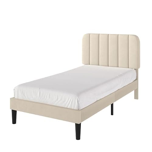 VECELO Twin Size Bed Frame with Upholstered Headboard, Velvet Platform Bedframe Mattress Foundation, Strong Wood Slat Support, No Box Spring Needed,Velvet Beige thumbnail 6