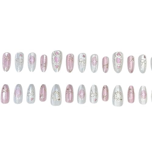 30Pcs Cute Press on Nails Short Almond Fake Nails with Heart Bow Rhinestones Designs Glitter Pink Glue on Nails Artificial Full Cover Stick on Nails Cute Cat Handmade Acrylic Nails for Women Girls - Pink Heart Bow Nails-17 thumbnail 4