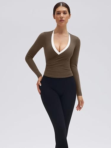 SUUKSESS Women Pilates Wrap Workout Cropped Top Ribbed Long Sleeve V Neck Tie Front Ballet Yoga Shrug Blouse thumbnail 7