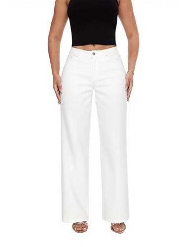 ONESO Mid-Low Rise Baggy Jeans Wide Leg for Women Distressed Pants Stretchy Bottom Lady Basic Comfortable Denim - Image 1