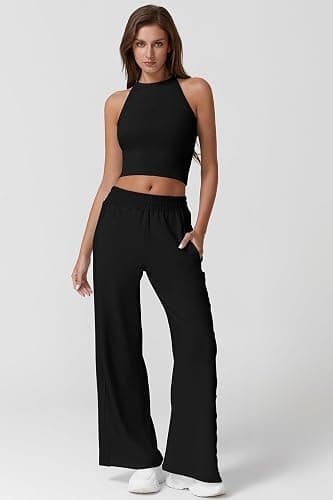 QINSEN Women's 2 Piece Sets Summer Ribbed Knit Crop Tank Tops Wide Leg Pants Sleeveless Tracksuit thumbnail 5