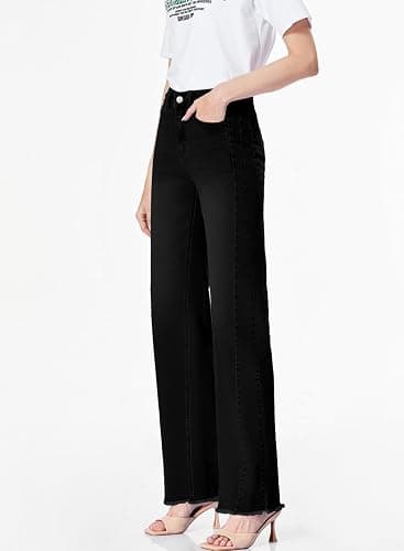 Sidefeel Women's Wide Leg Jeans High Waisted Strechy Raw Hem Zimbaplatinum Denim Pants thumbnail 6