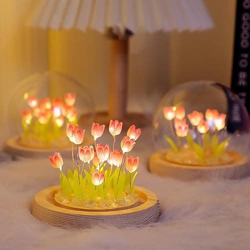 (20 Flower) Birthday Gifts for Mom, Tulip Lamp Night Light with Glass Dome,Handmade Artificial Flower Table Lamp Bedroom Desk Decoration for Women Daughter Girlfriend Christmas Holiday Gift thumbnail 9