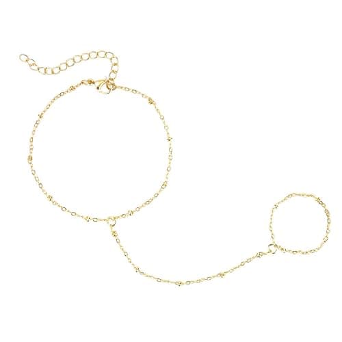 Mikovivi Stylish Chain Bracelet, Gold Stainless Steel Hand Ring Chain, Rhinestone Finger Ring, for Girls Women, 6.5in - Image 1