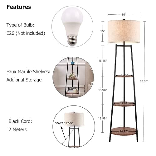 ROSEN GARDEN Floor Lamp, Standing Reading Light with Shelves and Fabric Shade, Modern Tall Pole Lamp, Accent Furniture Décor Lighting for Living Room, Bedrooms Black thumbnail 2