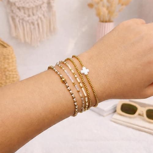 EQUBIO Gold Beaded Cross Bracelet for Women, 14K Plated Adjustable Stackable Dainty Bracelets, Non Tarnish Fashion Jewelry Set Gifts for Women Birthday Friendship thumbnail 4