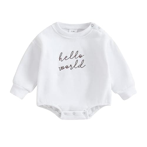 VISGOGO Newborn Infant Baby Boy Girls Oversized Romper Little Dude Sweater Onesie Coming Home Outfit Neutral Clothes - 0-3 Months - Hello World-white - Image 1