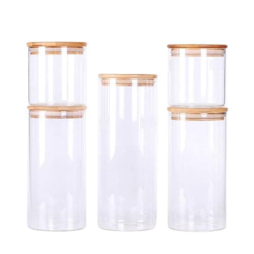 LEAVES AND TREES Y Stackable Kitchen Canisters Set, Pack of 5 Clear Glass Food Storage Jars Containers with Airtight Bamboo Lid for Candy, Cookie, Rice, Sugar, Flour, Pasta, Nuts thumbnail 4
