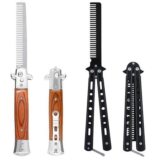 2 Pieces Automatic Switch Folding Practice Combs, Stainless Steel Butterfly Comb, Switchblade Comb, Outdoor Training Pocket Combs, Hair Brush for Beard, Mustache, Hair Styling Tools - Image 1