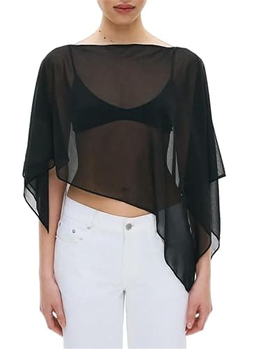 Alyweatry Women Chiffon Cape Shawls and Warps for Evening Dress Wedding Sheer Mesh Flowy Capelets Top thumbnail 2