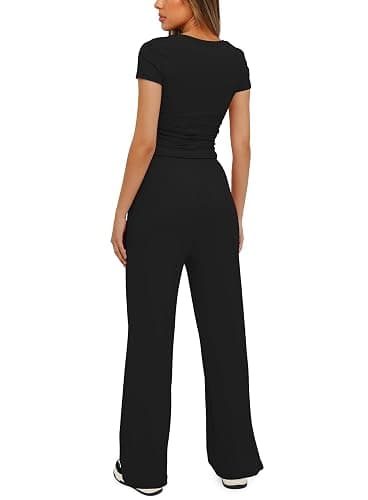 Darong Women's 2 Piece Set Outfits Lounge Sets Ruched Short Sleeve Tops High Waisted Wide Leg Pants Tracksuit Sets thumbnail 2