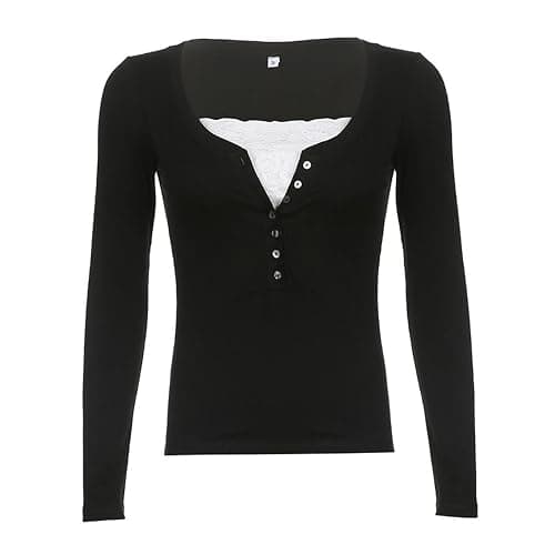 Women Fairy Grunge Shirts Y2K Tops Long Sleeve Lace Patchwork Tee Girls 90s Vintage Slim Blouse Fall Clothes thumbnail 3