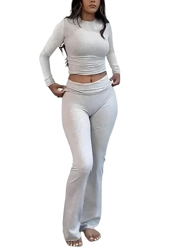 ZFLM Casual Workout Two Piece Outfits Long Sleeve High Waist Fold-Over Flared Leggings Pants Tracksuit Sets Streetwear - Image 1