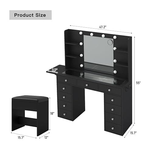 11 Dawers Vanity Desk, Makeup Vanity with Power Outlet, Glass Top Vanity with Mirror and Lights, 3 Colors Adjustable, Vanity Set with 4 Shelves and Fold-up Panel, Vanity with Chair for Bedroom, Black thumbnail 2