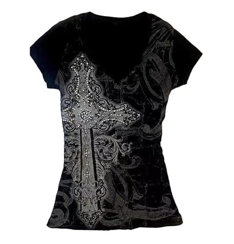 Womens Y2K Gothic Graphic V-Neck Slim Fit T-Shirt Grunge Vintage Short Sleeve Trendy Crop Tops - Image 1