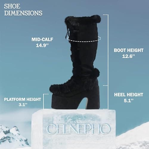CELNEPHO Knee High Boots For Womens Side Zipper Warm Faux Fur Platform Chunky Heel Punk Goth Walking Winter Snow Boots thumbnail 4