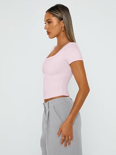 Trendy Queen Short Sleeve Shirts for Women Double Lined Square Neck Cute Going Out Crop Tops Spring Summer Teens Basic Tees thumbnail 4
