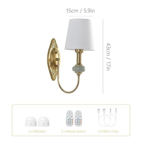 HHOCR Vintage Battery Operated Wall Sconce Set of 2, Gold LED RGB 15 Color | Dimmable Wireless Wall Sconces with Remote Control, Antique Fabric Rechargeable Wall Lights for Bedroom Living Room Hallway thumbnail 6