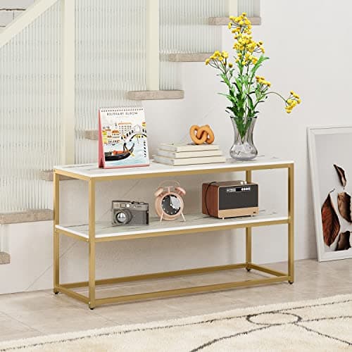 Function Home TV Stand for TVs up to 50 Inch, 3 Tier Entertainment Center, Modern TV Cabinet with Marble Top and Gold Metal Base, 42" Media Console Table with Storage for Living Room Bedroom - 42" Gold thumbnail 4