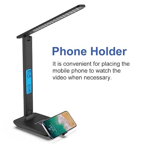 wanjiaone Multifunctional LED Desk Lamp with Wireless Charger,USB Charging Port,Clock,Phone Holder,Desk Lamps for Home Office,Eye-Caring Reading Lamp,Study Lamp for Boys,Girls,Teens,Black thumbnail 4