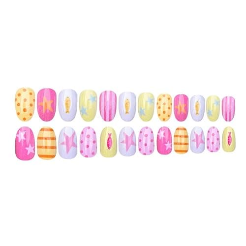 Short Oval Press On Nails Summer Fake Nails Star Fish With Polka Dot Line Design Cute False Nails Full Cover Artificial Glossy Stick On Nail Reusable Acrylic Nail For Women Manicure 24pcs thumbnail 4