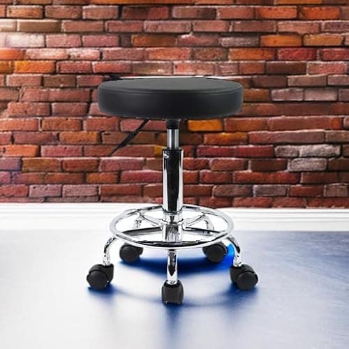 KKTONER PU Leather Round Rolling Stool with Foot Rest Swivel Height Adjustment Spa Drafting Salon Tattoo Work Office Massage Stools Task Chair Small (Black) thumbnail 5