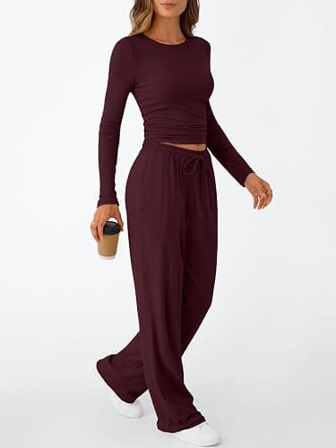 Trendy Queen Women's 2 Piece Matching Lounge Set Long Sleeve Slightly Crop Top Wide Leg Pants Casual Sweatsuit thumbnail 3