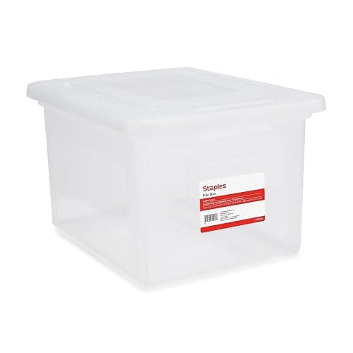 STAPLES Hanging File Folder Box, Storage Bin Organizer, Snap Lid, Letter & Legal Size Documents, Clear - Image 1